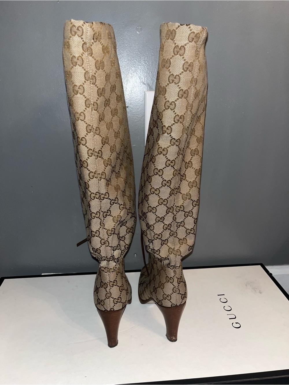 Gucci Original GG Canvas Over-the-Knee Boots Brown Trim Tie Detail - Picture 3 of 7
